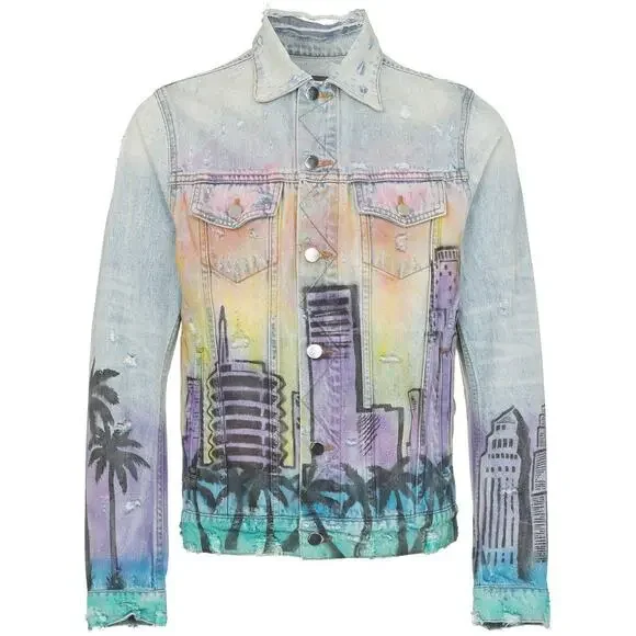 NEW Sz M Medium Mens Amiri Los Angeles Indigo Denim Airbrush "Hollywood" Jacket - Picture 3 of 11